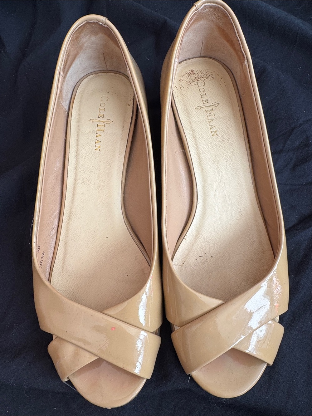 Cole Haan Beige Patent Leather Peep-Toe Flats
